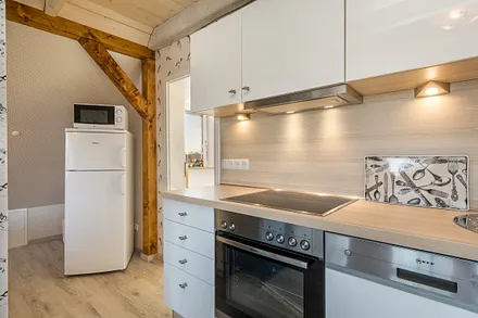 Die Küchenzeile mit Kühlgefrierkombination, Backofen ...