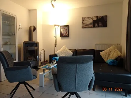 Der Wohnbereich mit Couch, modernen Sitzgelegenheiten und Kamin für kühle Tage