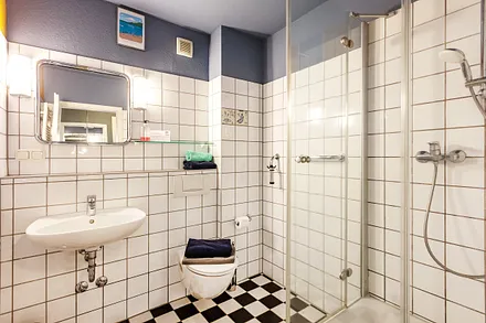 Das Bad mit Dusche, WC und Fön.