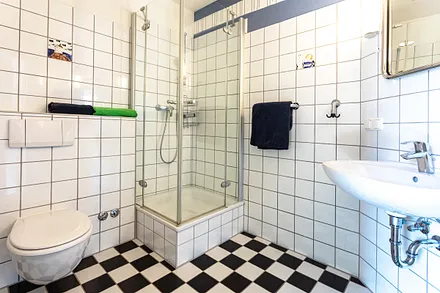 Das Bad mit Dusche, WC und Fön.