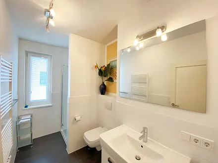 Tageslichtbad mit ebenerdiger Dusche, WC, Waschtisch, Handtuchtrockner, Fön, Kosmetikspiegel sowie genügend Abstellmöglichkeiten