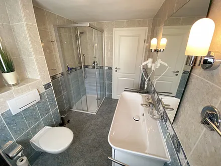 Tageslichtbad mit ebenerdiger Dusche, WC, Fön, Kosmetikspiegel sowie ein Waschtisch