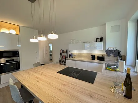 Küchenzeile mit Geschirrspüler, Induktionskochfeld, Kühlschrank mit Gefrierfach, Backofen, Mikrowelle, Toaster, Wasserkocher, Kaffeemaschine SENSEO Duo (Pad-Maschine + Filter), Eierkocher & Mixer 