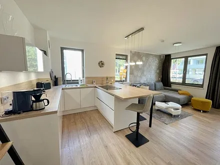 Küchenzeile mit Geschirrspüler, Induktionskochfeld, Kühlschrank mit Gefrierfach, Backofen, Mikrowelle, Toaster, Wasserkocher, Kaffeemaschine SENSEO Duo (Pad-Maschine + Filter), Eierkocher & Mixer 