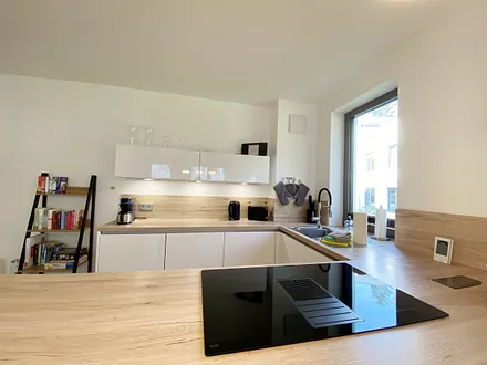 angrenzende hochwertige Küchenzeile mit Geschirrspüler, Induktionskochfeld, Kühlschrank mit Gefrierfach, Backofen,Mikrowelle,Toaster, Wasserkocher und Kaffeemaschine SENSEO Duo (Pad-Maschine + Filter)