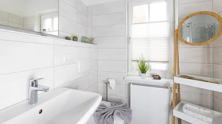 Tageslicht-Bad mit ebenerdiger Dusche, WC, Fön sowie ein Waschplatz mit dazugehörigem Spiegel