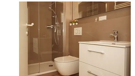 innenliegendes Badezimmer mit Dusche, WC, Fön sowie ein Waschplatz mit dazugehörigem Spiegel