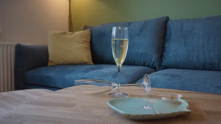 komfortabler Wohnbereich mit Couch (Aufbettungsmöglichkeit 1,40m x 1,90m), Couchtisch, Sessel, Stehlampe sowie einer Kommode mit Flachbild-TV