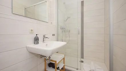 innenliegendes Badezimmer mit Dusche, WC, Fön sowie ein Waschplatz mit dazugehörigem Spiegel