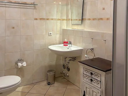 Das Bad mit Dusche und WC