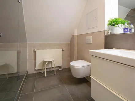 Das erste Bad mit großer begehbarer bodengleicher Dusche in der unteren Etage