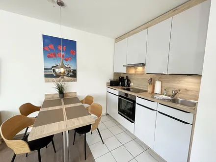 hochwertig eingerichtete Einbauküche mit Geschirrspüler, Kühlschrank mit Eisfach, Backofen, 4-Zonen-Induktionskochfeld, Kaffeemaschine, Toaster, Wasserkocher und diversen Küchenutensilien 