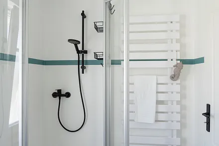 Dusche und Handtuchheizkörper.