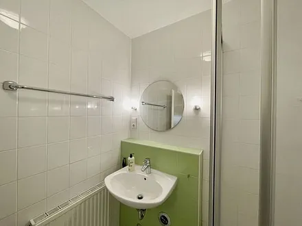 innenliegendes Badezimmer mit Eck-Dusche, Fön, WC, Ablage, beleuchteter Spiegel, Insektenschutzgitter und ein Waschplatz