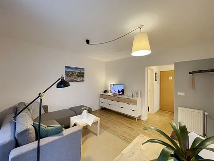 Wohnzimmer mit bequemer Eckcouch, Couchtisch, Stehlampe, 32-Zoll-Smart-TV, Bluetooth-Radio, Sideboard sowie eine Spielesammlung und kleine Auswahl an Büchern