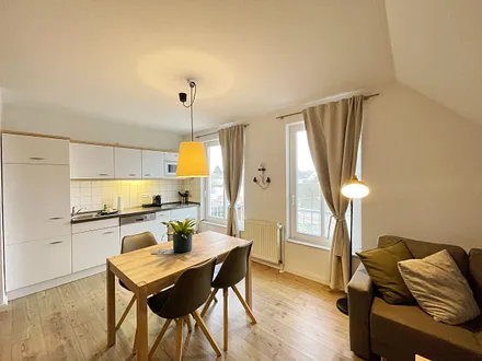 Einbauküche mit Induktionsherd, Kühlschrank mit Gefrierfach, Mikrowelle, Geschirrspüler, Filter-Kaffeemaschine, Nespresso-Kapselmaschine, Wasserkocher, Toaster, Messerblock sowie viele Kochutensilien