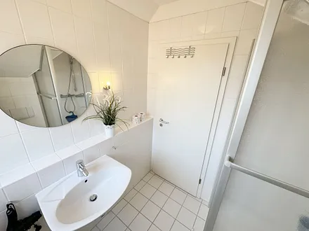 Tageslicht-Badezimmer mit Eck-Dusche, Fön, WC, Ablage, beleuchteter Spiegel, Waschplatz und ein Insektenschutzgitter
