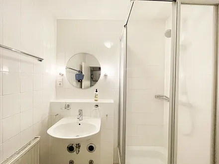 innenliegendes Badezimmer mit Eck-Dusche, Fön, WC, Ablage, beleuchteter Spiegel, Insektenschutzgitter und ein Waschplatz