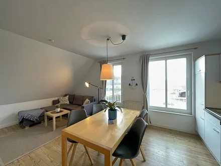 Wohnbereich mit bequemer Eckcouch, Couchtisch, Sessel, Stehlampe, 55-Zoll-Smart-TV, Bluetooth-Radio, Sideboard sowie eine Spielesammlung und kleine Auswahl an Büchern