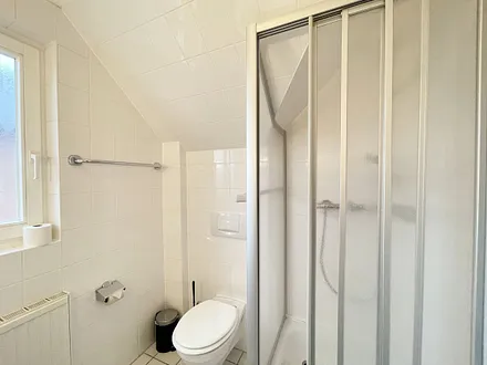 Tageslicht-Badezimmer mit Eck-Dusche, Fön, WC, Ablage, beleuchteter Spiegel, Waschplatz und ein Insektenschutzgitter