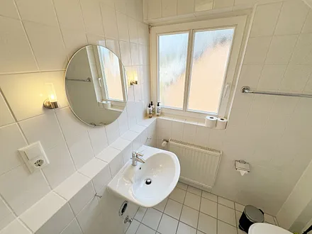 Tageslicht-Badezimmer mit Eck-Dusche, Fön, WC, Ablage, beleuchteter Spiegel, Waschplatz und ein Insektenschutzgitter