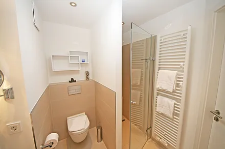 Badezimmer mit bodentiefer Echtglasdusche, Kosmetikspiegel, Fön, Handtuchtrockner sowie einer Lichtkuppel, die diesen Raum schon ab dem frühen Morgen erhellt