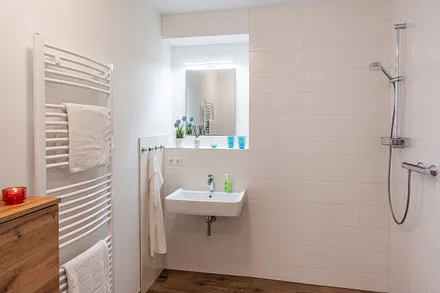 Badezimmer mit WC, Dusche und Waschtischanlage