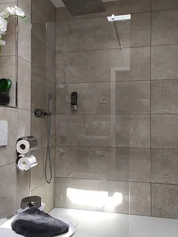 Blick in das Bad mit WC und Regendusche