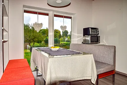 Wohnzimmer mit Schlafsofa und Küche mit Essecke