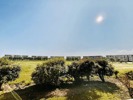 Blick von der Terrasse auf die große Wiese 