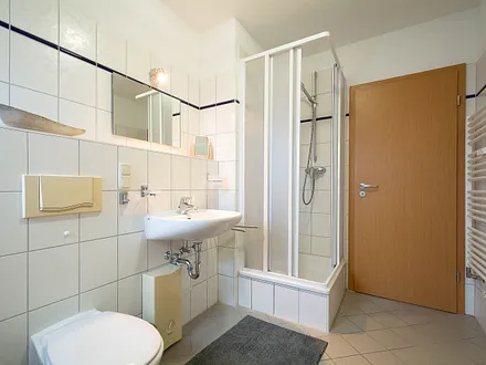 Das Bad mit Dusche und WC