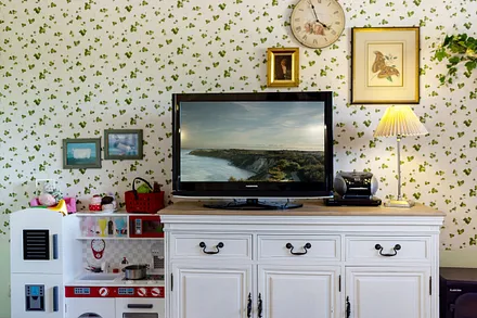 Das Wohnzimmer mit TV, DVD-Player und Radio. WLAN ist am HotSpot auf dem Hof verfügbar.