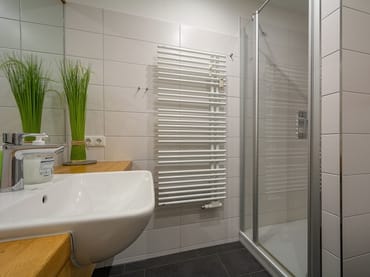 Das Bad mit Dusche und WC