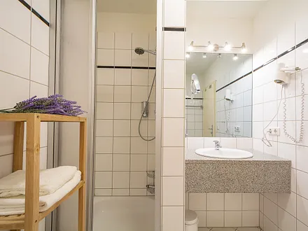 Das Bad mit Dusche und WC