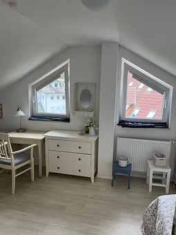 Fenster im DG, im linken Fenster ist ein Fliegengitter fest verbaut, Verdunklung beider Fenster vorhanden