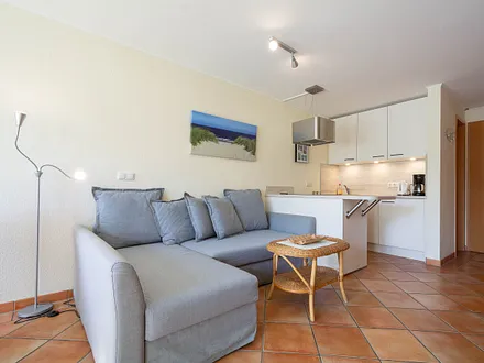 Der offene Wohnbereich mit ausziehbarer Schlafcouch