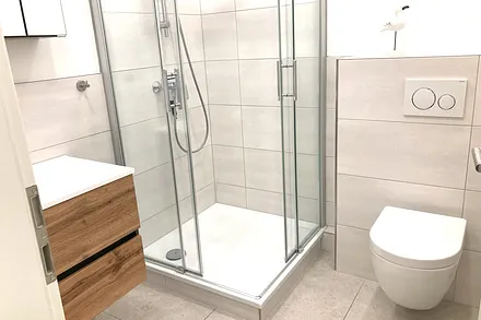 Das moderne Bad mit Dusche und WC.