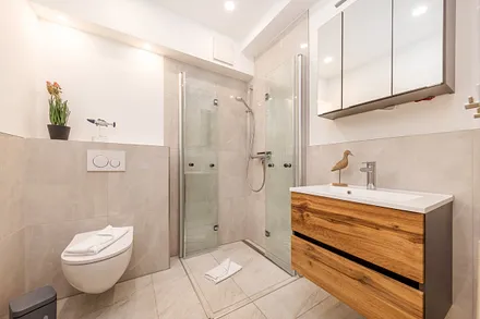 Das moderne Bad mit bodengleicher Dusche und WC.