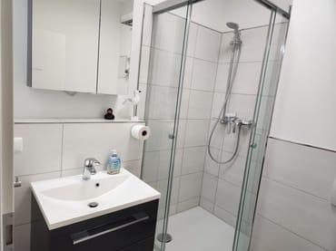 Das Bad mit Dusche und WC.