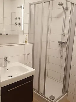 Das moderne Bad mit Dusche und WC.