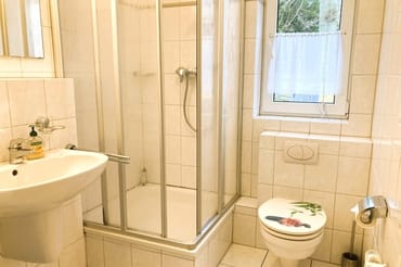 Das Bad mit Dusche, WC und Fenster.