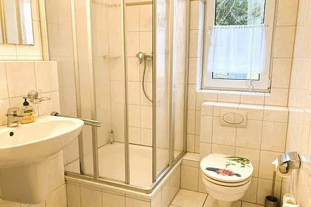 Das Bad mit Dusche, WC und Fenster.