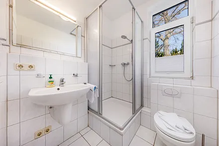 Das Bad mit Dusche, WC und Fenster.