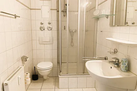 Das Bad mit Dusche, WC und Fön.