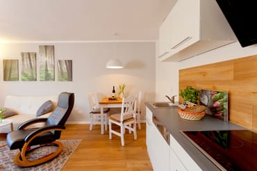 Wohnzimmer mit integrierter Küche und Essbereich