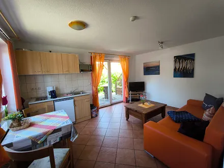 Wohnzimmer mit Schlafsofa für bis zu 2 Personen und Küchenbereich 