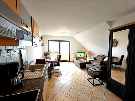 Wohnzimmer mit Esstisch und Küchenzeile