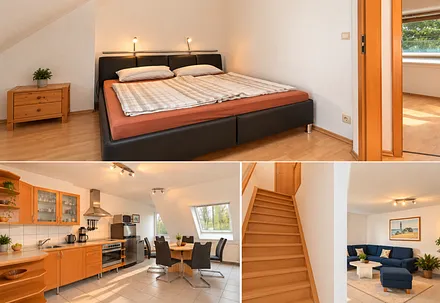Küche und Schlafbereich, Maisonettestil.