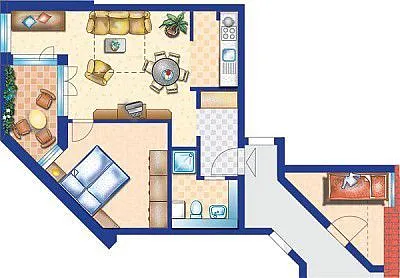 Grundriss mit gegenüberliegenden seperaten Schlafzimmer mit Doppelstockbett