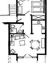 Grundriss der Wohnung im Dachgeschoss, 44 qm², Duschbad, offene Küche, Balkon